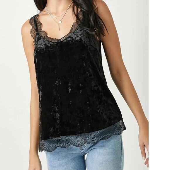 Mystree Tops - Mystree Y2K Tank Top Womens L Black Crushed Velvet‎ Lace Trim Soft Whimsygoth